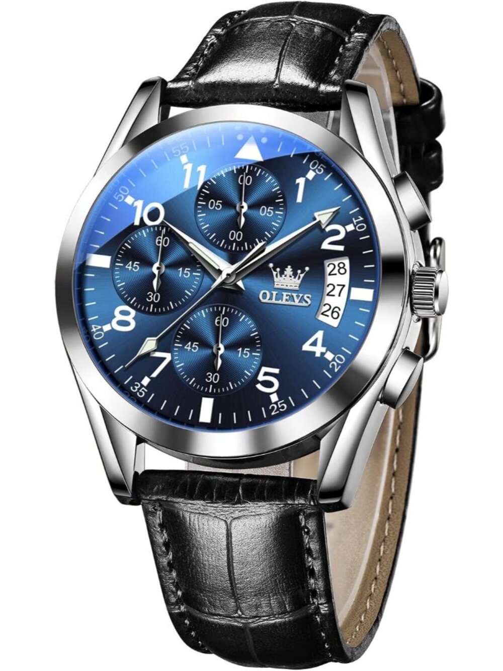 Men's Silver Blue Leather Chronograph Watch Big Face Waterproof Luminous Watch